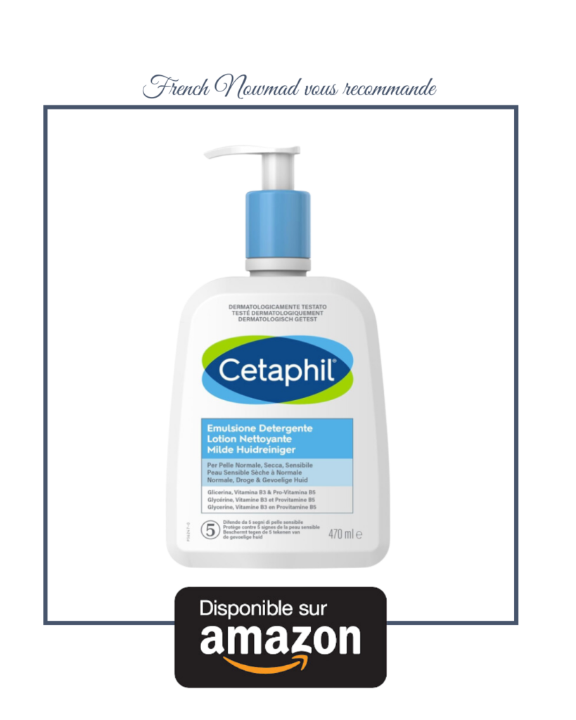Lotion nettoyante Cetaphil pour les épidermes secs, il est formidable, car il respecte la barrière cutanée et nettoie en profondeur.